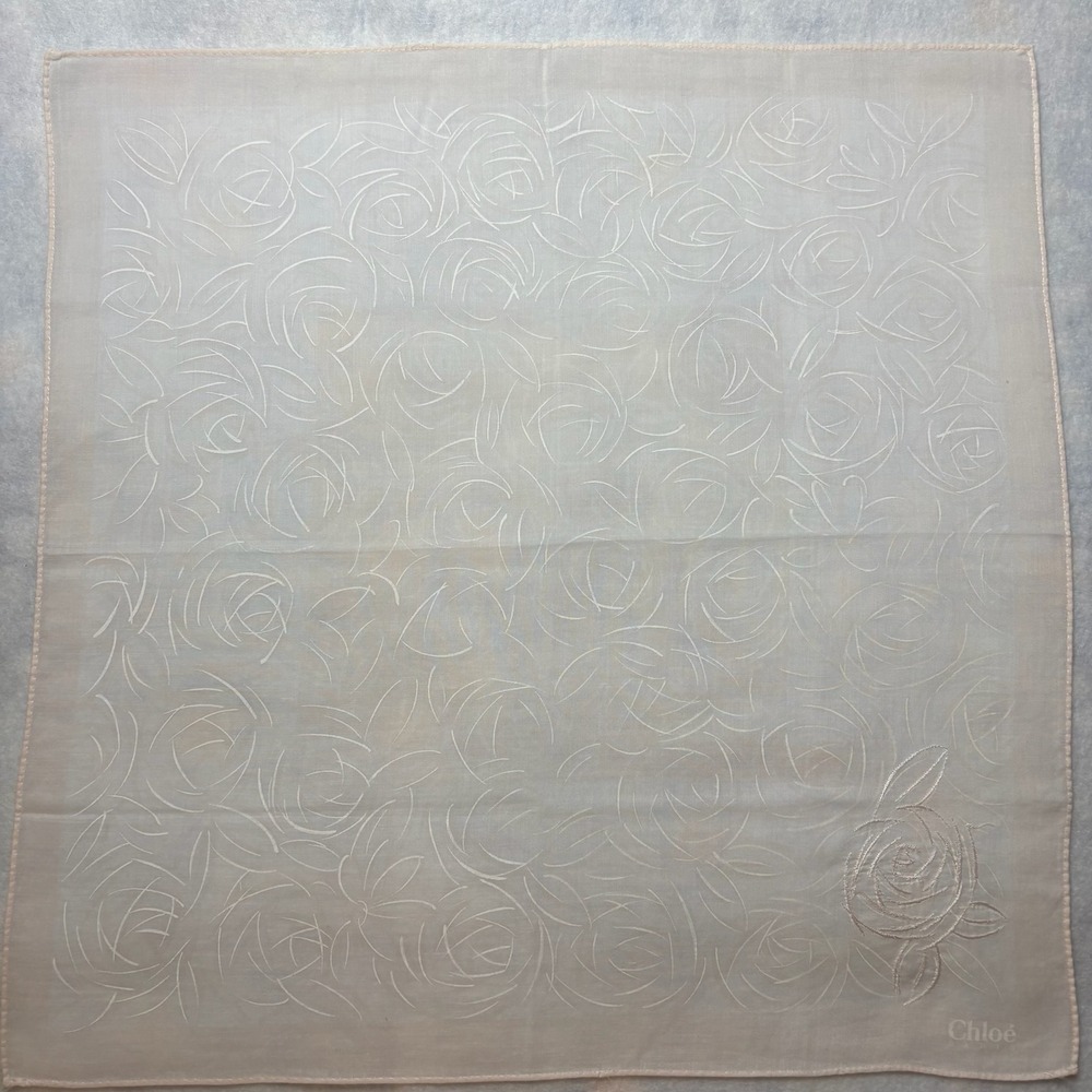VTG CHLOE Scarf Handkerchief Rose Floral Cotton Blend Cream 18x18